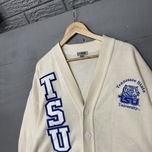 Vintage TSU Mens Green & White Cardigan Sweater Size XXL varsity